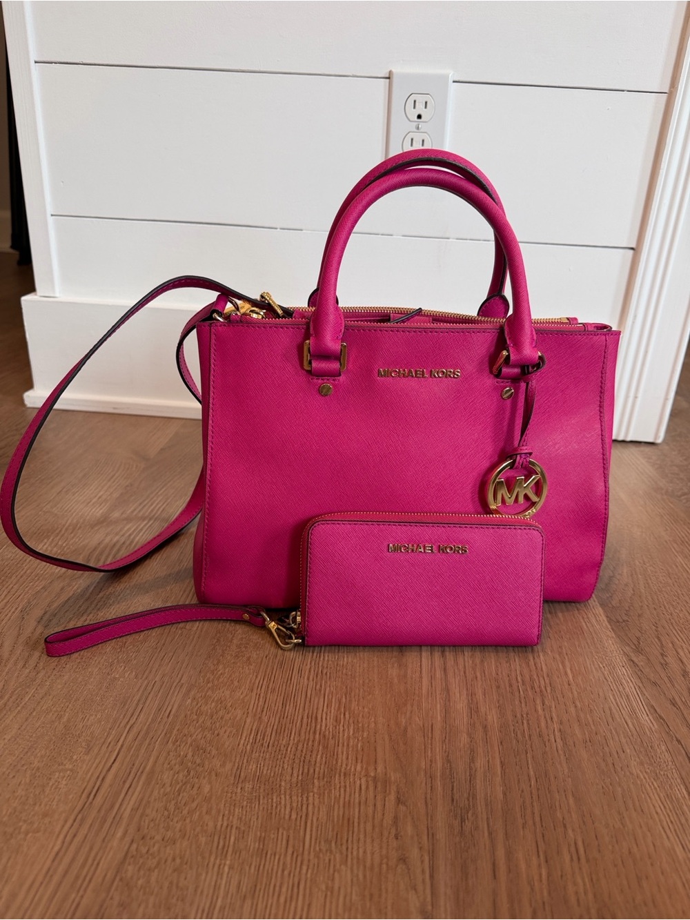 Michael Kors Fuchsia Saffiano Leather Satchel with Wristlet